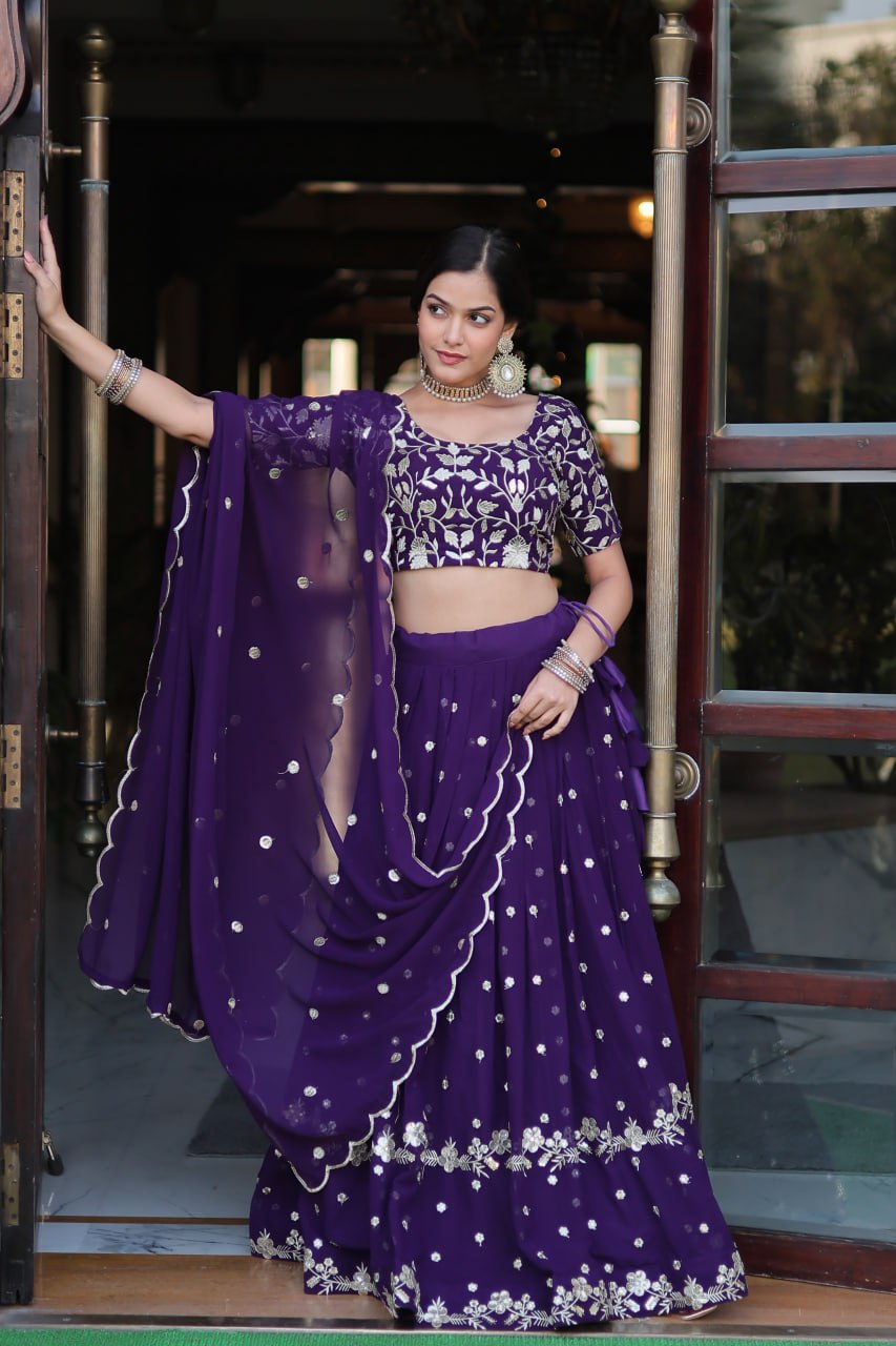 Purple Colour Designer Faux Blooming Lehenga Choli With Dupatta Set