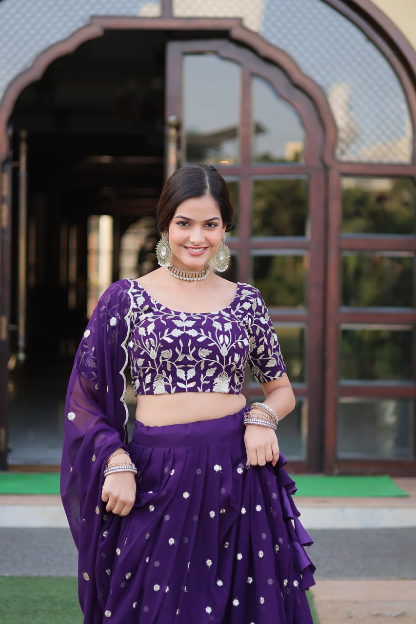 Purple Colour Designer Faux Blooming Lehenga Choli With Dupatta Set