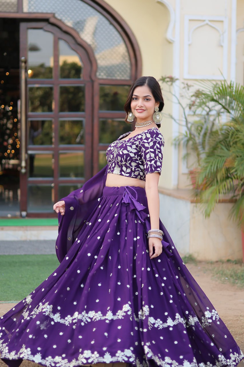 Purple Colour Designer Faux Blooming Lehenga Choli With Dupatta Set