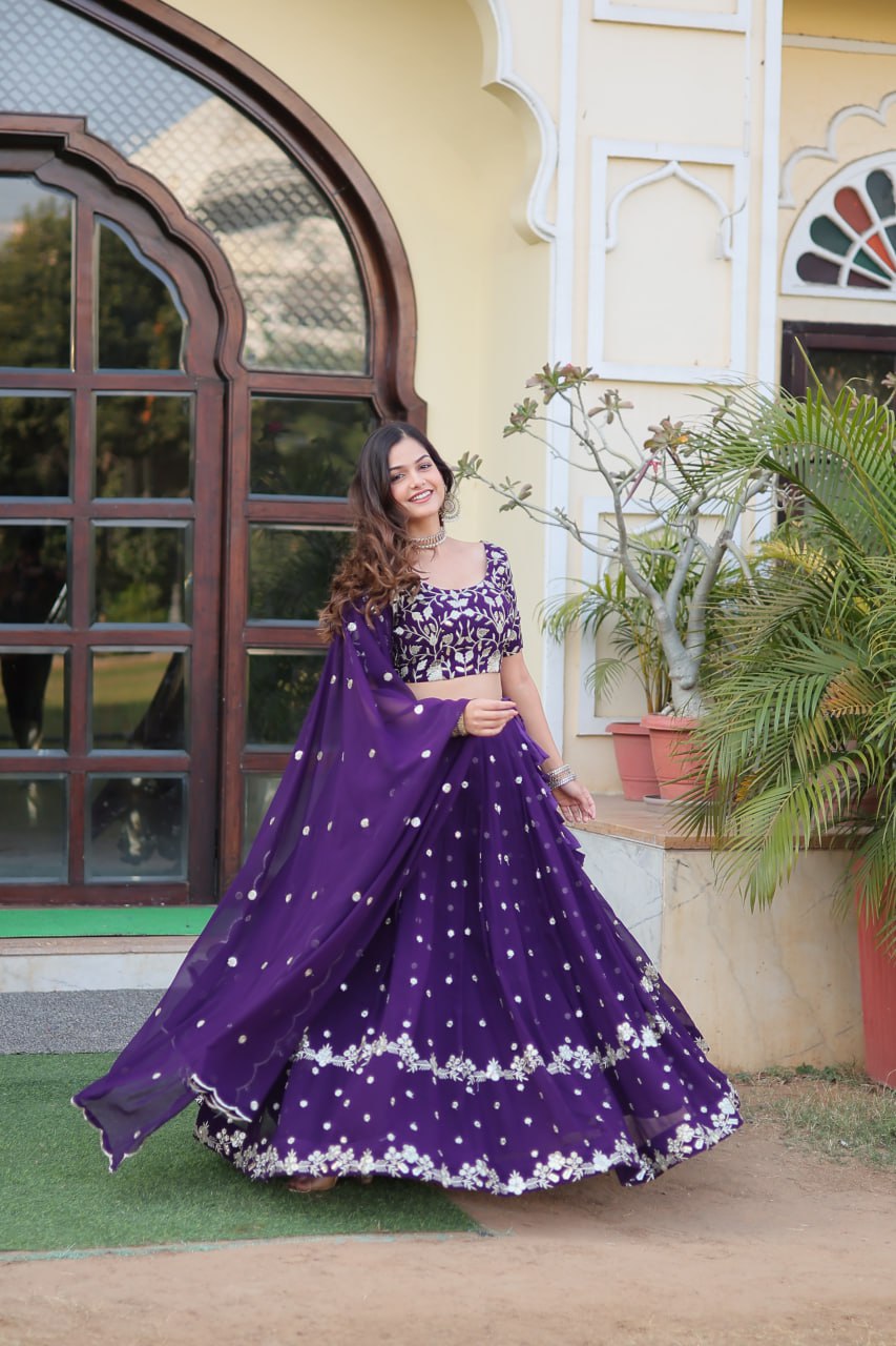 Purple Colour Designer Faux Blooming Lehenga Choli With Dupatta Set