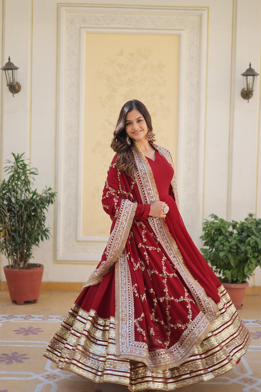 Maroon Colour Faux Blooming With Embroidery Zari Sequins Work Gown With Dupatta