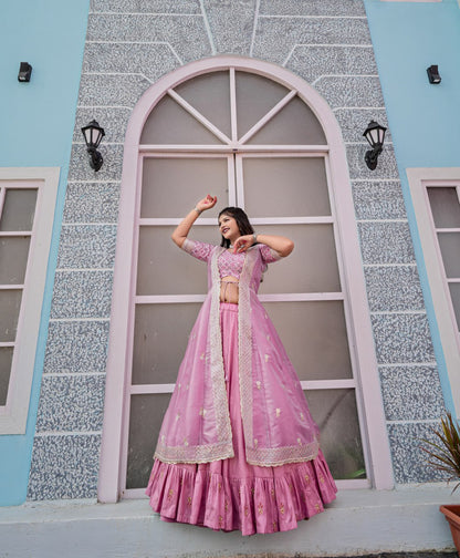 Pink Color Butterfly Shrag Indo-Western Full Stitched Lehanga