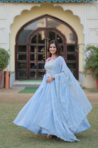 Sky Blue Colour Faux Georgette With Rich Floral Position Print Work Gown With Dupatta