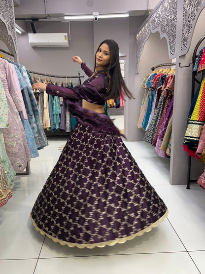 Wine Colour Premium Quality Garlish Jimmy Choo Full Stitched Lehenga