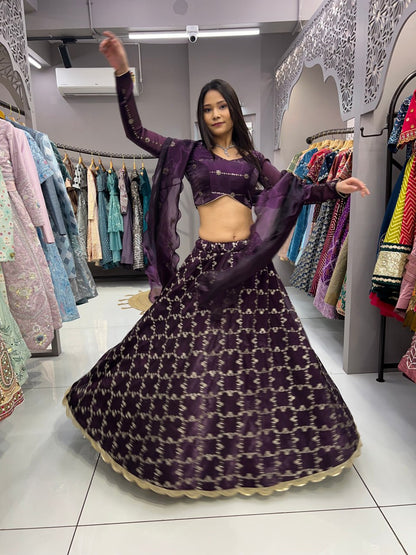 Wine Colour Premium Quality Garlish Jimmy Choo Full Stitched Lehenga