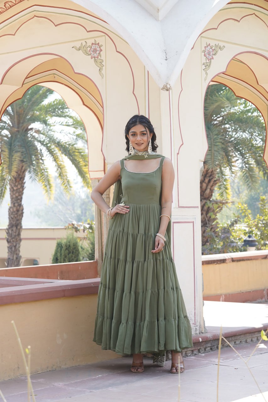 Mahendi Colour Faux Georgette  Embroidered Gown With Dupatta