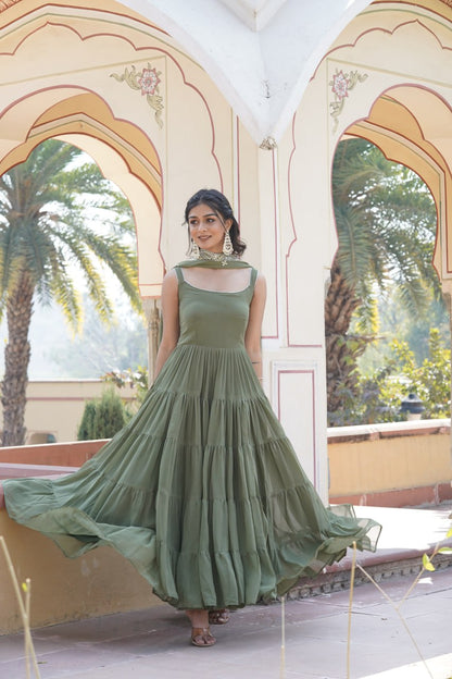 Mahendi Colour Faux Georgette  Embroidered Gown With Dupatta