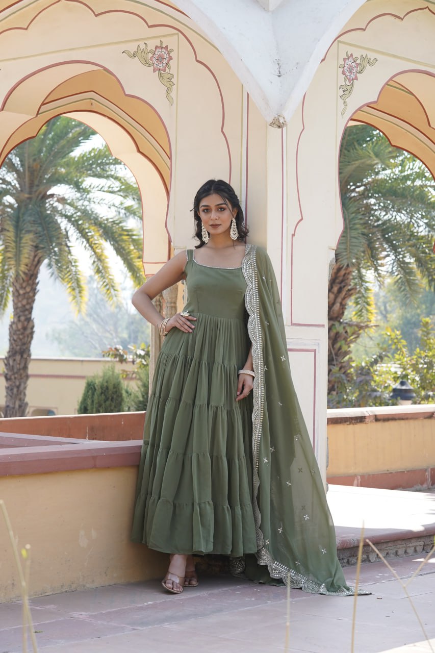 Mahendi Colour Faux Georgette  Embroidered Gown With Dupatta