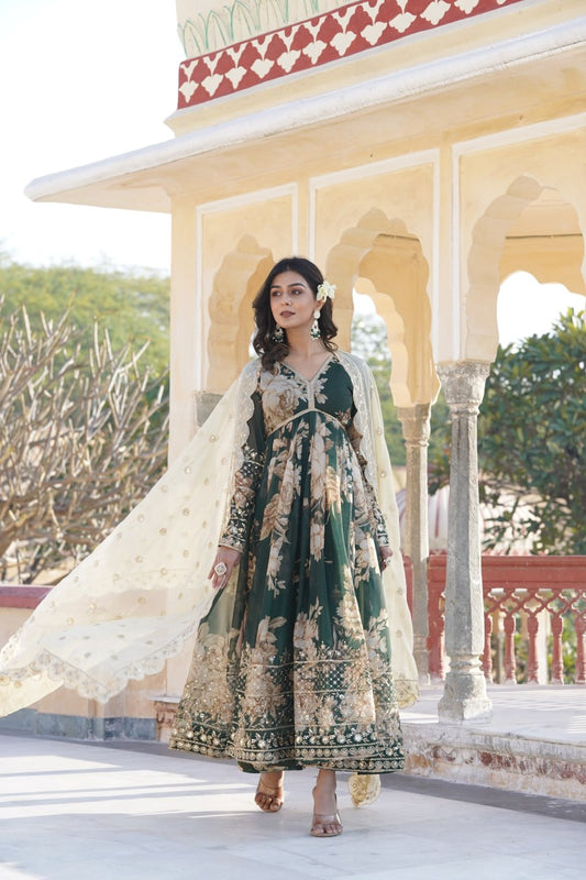 Green Digital Printed Russian Silk With  Embroidery Zari Sequins Alia Cut Gown With Dupatta