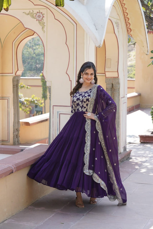 Purple Faux Blooming With Viscose Dyable Jacquard With Sequins Embroidered Work Gown Wth Dupatta