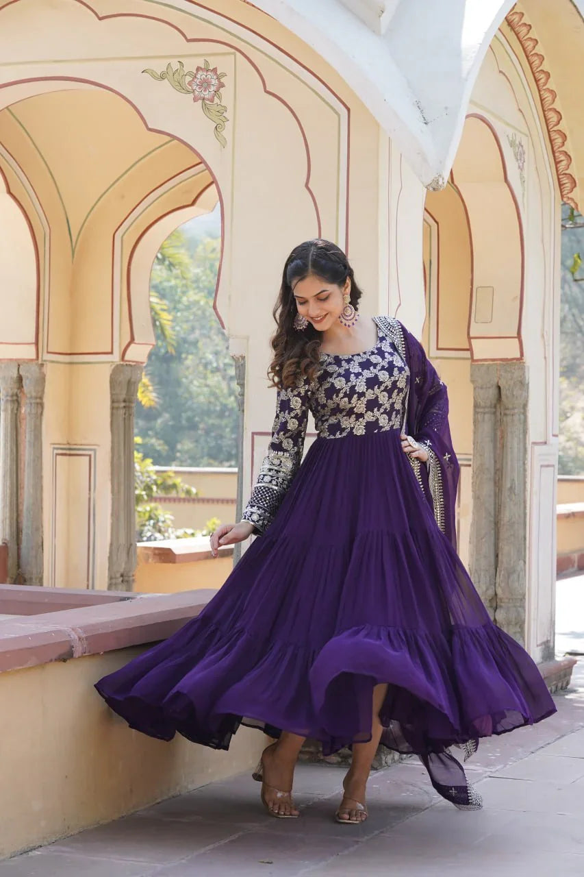 Purple Faux Blooming With Viscose Dyable Jacquard With Sequins Embroidered Work Gown Wth Dupatta