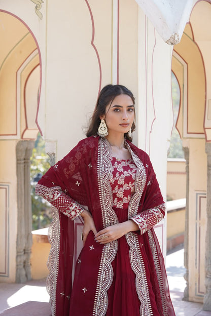 Maroon Faux Blooming With Viscose Dyable Jacquard With Sequins Embroidered Work Gown Wth Dupatta