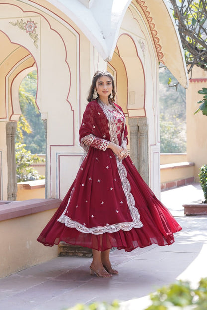 Maroon Faux Blooming With Viscose Dyable Jacquard With Sequins Embroidered Work Gown Wth Dupatta