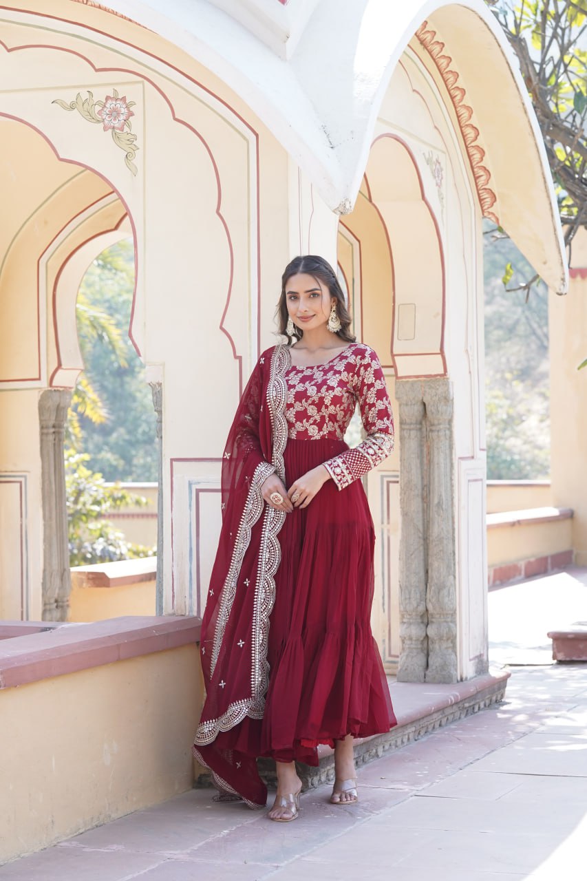 Maroon Faux Blooming With Viscose Dyable Jacquard With Sequins Embroidered Work Gown Wth Dupatta