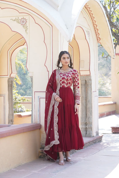 Maroon Faux Blooming With Viscose Dyable Jacquard With Sequins Embroidered Work Gown Wth Dupatta