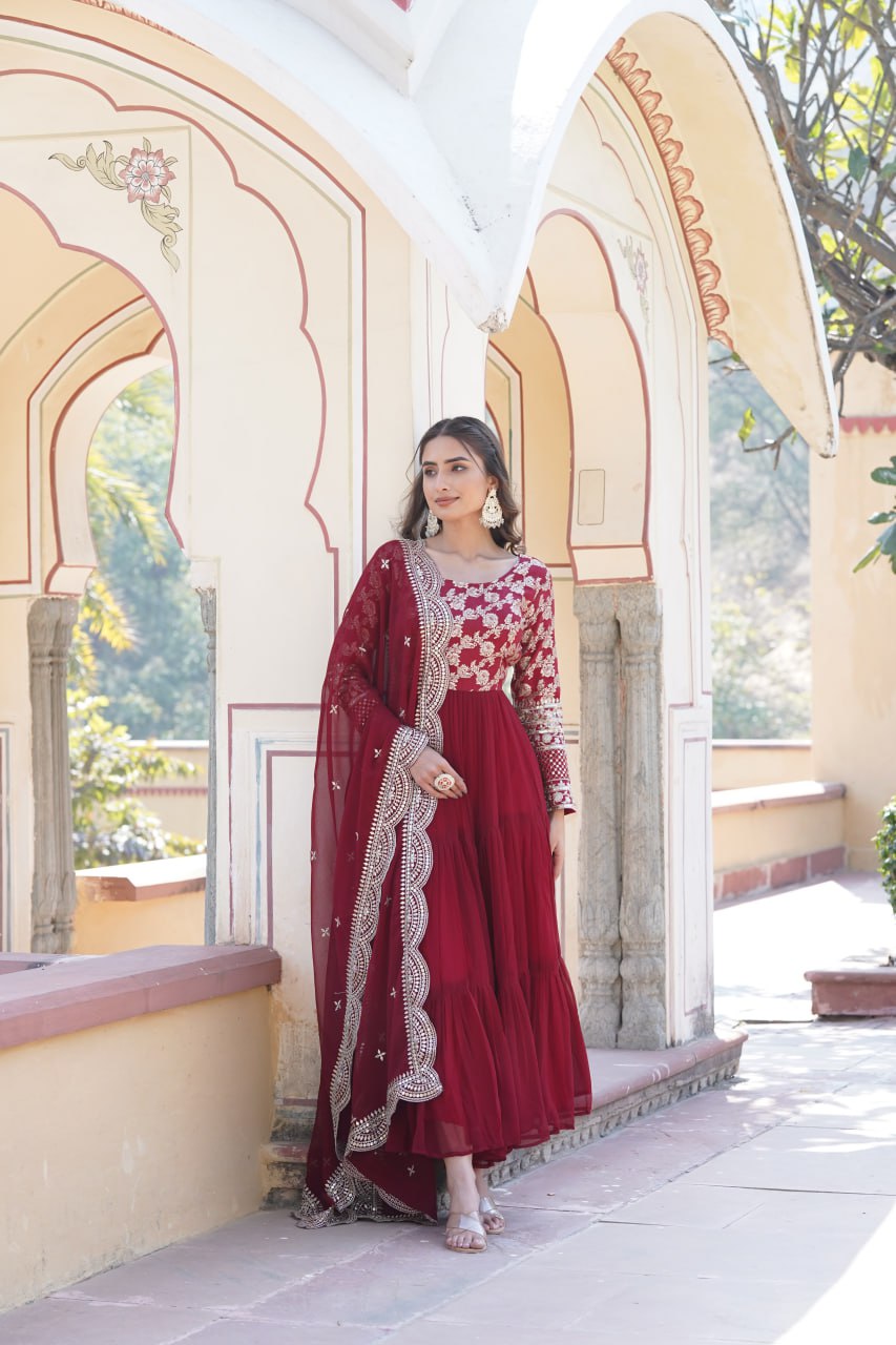 Maroon Faux Blooming With Viscose Dyable Jacquard With Sequins Embroidered Work Gown Wth Dupatta