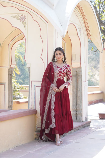 Maroon Faux Blooming With Viscose Dyable Jacquard With Sequins Embroidered Work Gown Wth Dupatta