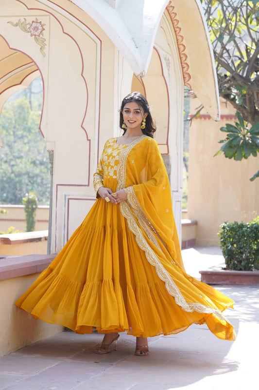 Yellow Faux Blooming With Viscose Dyable Jacquard With Sequins Embroidered Work Gown Wth Dupatta