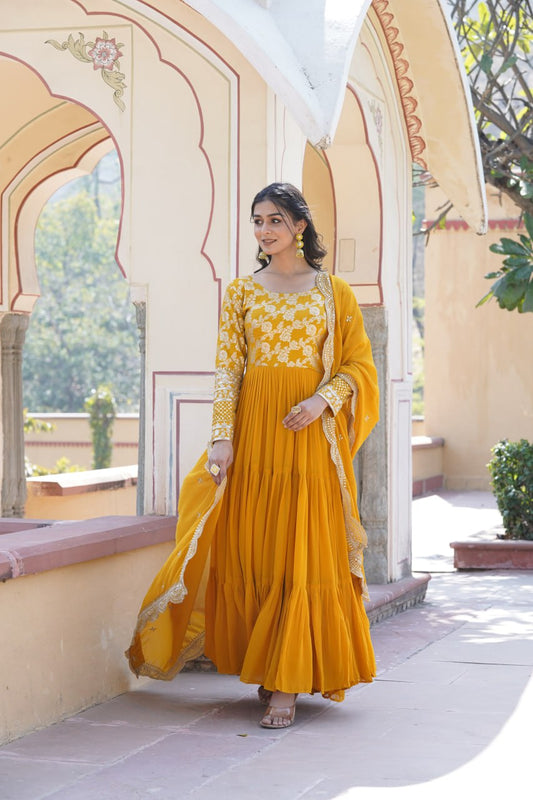 Yellow Faux Blooming With Viscose Dyable Jacquard With Sequins Embroidered Work Gown Wth Dupatta