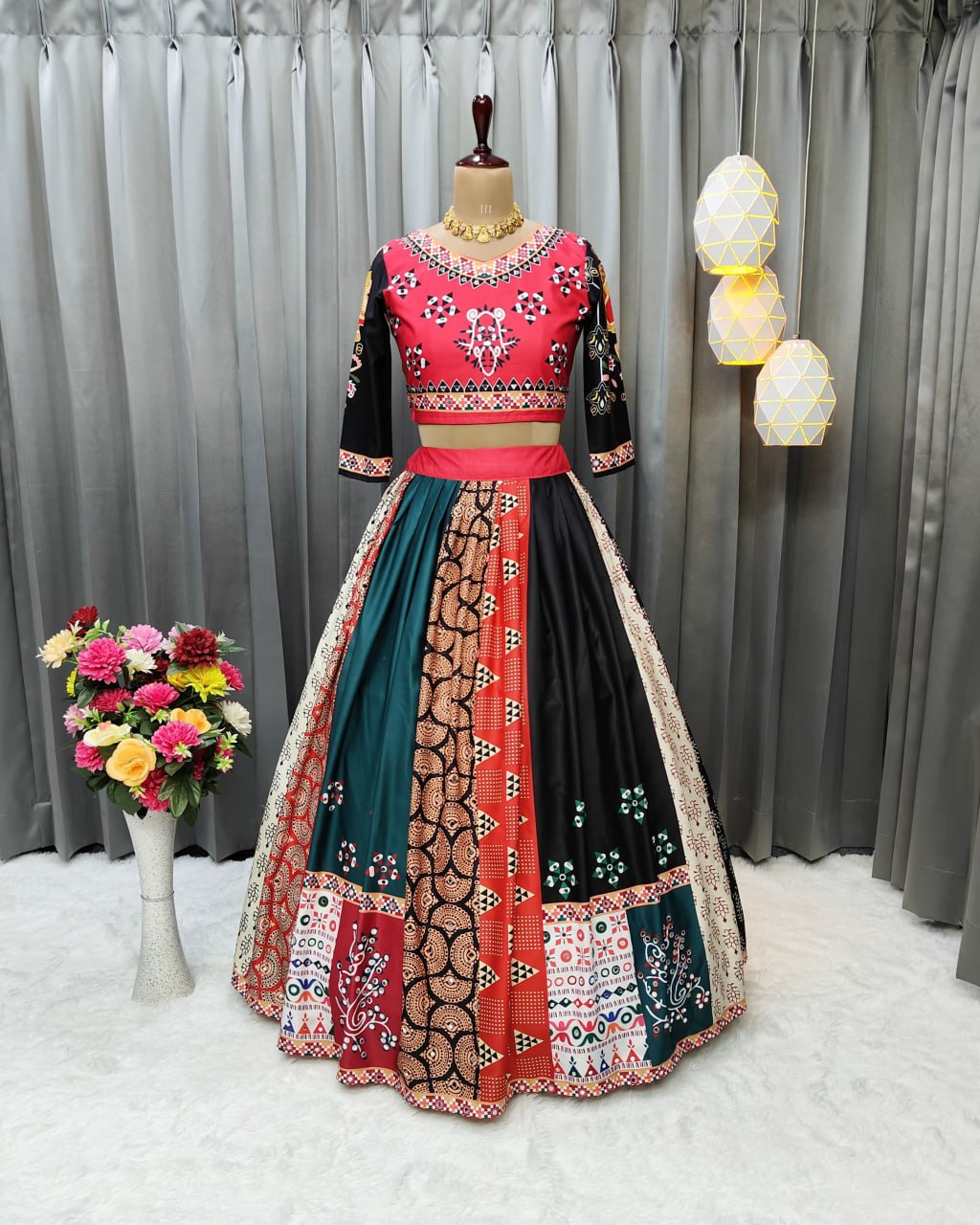 Multicolor Fancy Digital Print Soft Butter Silk With Real Mirror Work Lehenga Choli