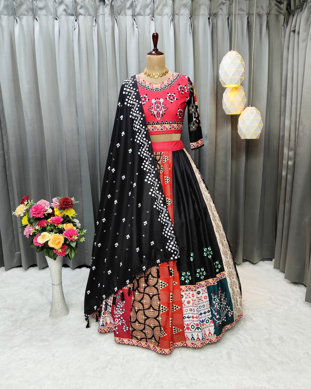 Multicolor Fancy Digital Print Soft Butter Silk With Real Mirror Work Lehenga Choli