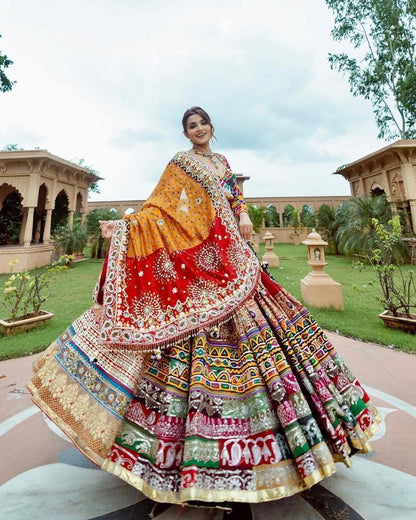 Multicolor Fancy Digital Print Soft Butter Silk and Real Mirror Work Lehenga Choli