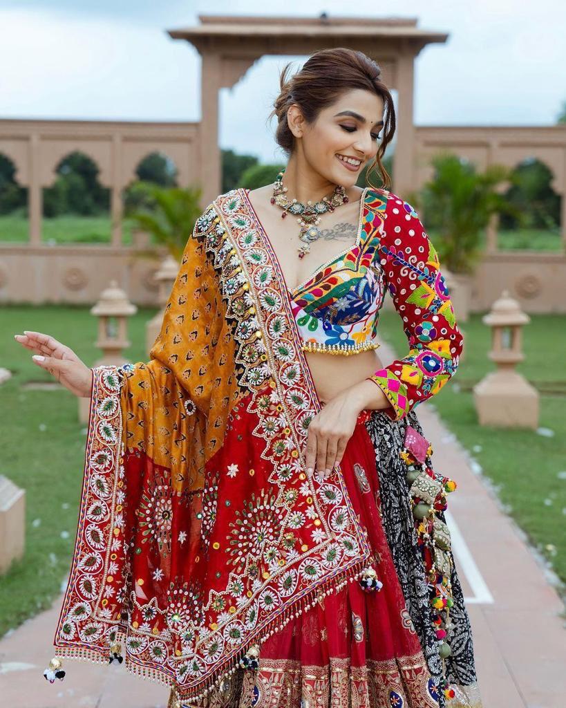 Multicolor Fancy Digital Print Soft Butter Silk and Real Mirror Work Lehenga Choli