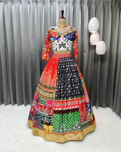 Multicolor Fancy Digital Print Soft Butter Silk and Real Mirror Work Lehenga Choli