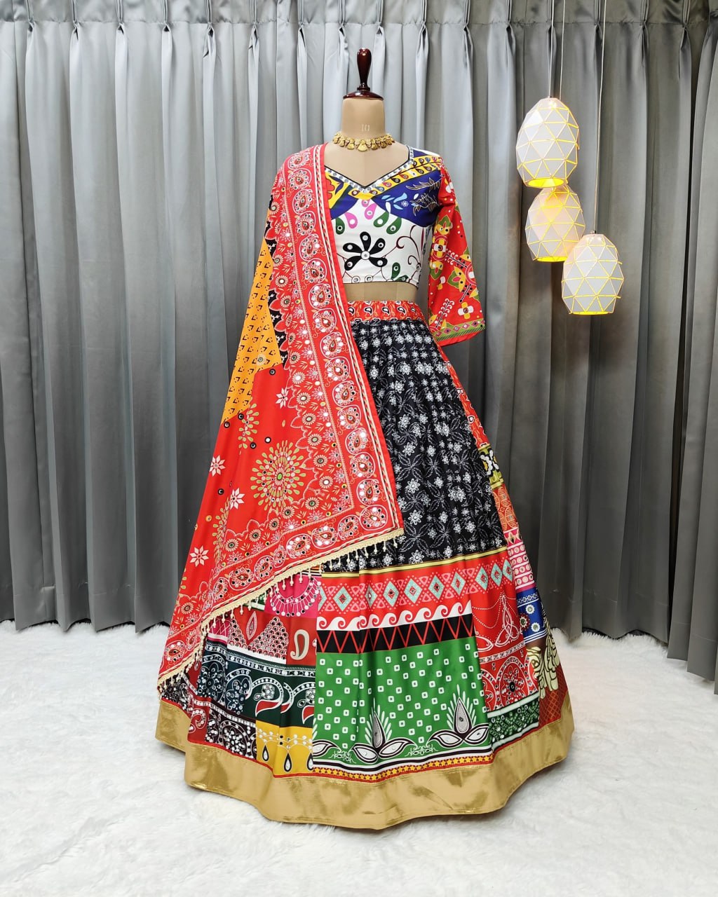 Multicolor Fancy Digital Print Soft Butter Silk and Real Mirror Work Lehenga Choli