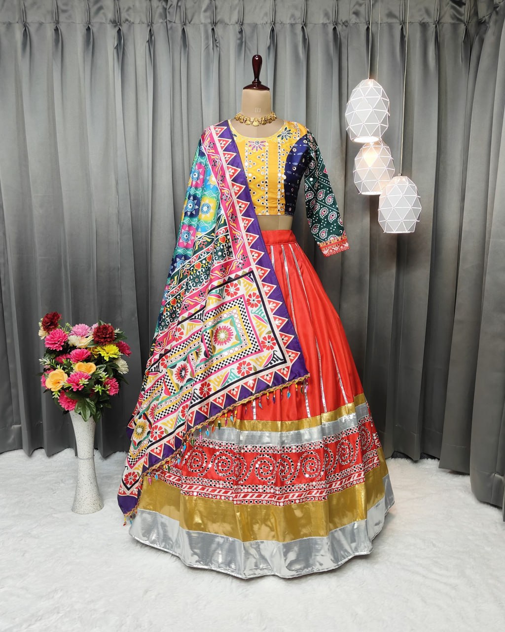 Multicolor Fancy Digital Print With Tussar Silk and Real Mirror Work Lehenga Choli