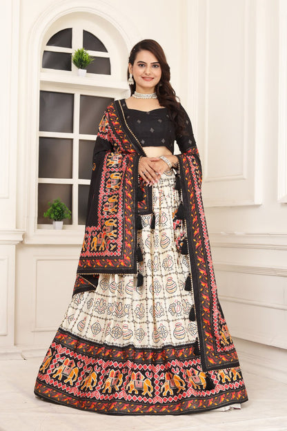 Black color Tussar Silk Bandhni and Foil Print Drawstring With Heavy Tassels And Zip Lehenga Choli