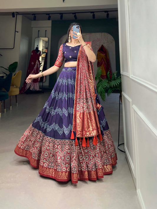 Navy Blue Color Tussar Silk Dot And Ajarakh With Foil Print Drawstring With Heavy Tassels And Zip Lehenga Choli