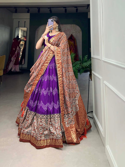 Purple Color Tussar Silk Dot And Ajarakh With Foil Print Drawstring With Heavy Tassels And Zip Lehenga Choli