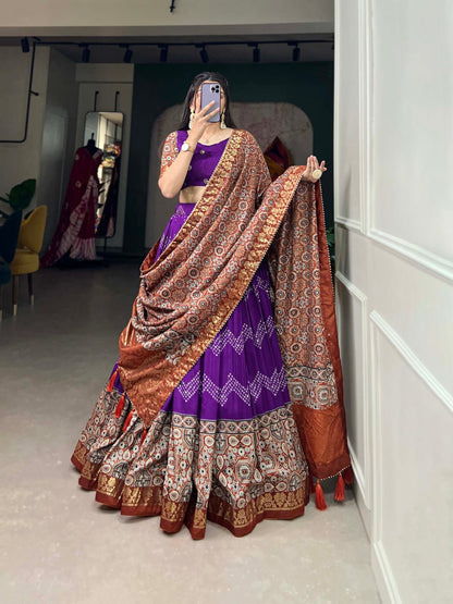 Purple Color Tussar Silk Dot And Ajarakh With Foil Print Drawstring With Heavy Tassels And Zip Lehenga Choli