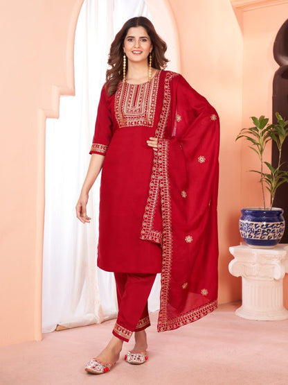 Red Color Our Exquisite  Kurti Set Complete With Dupatta and Pants