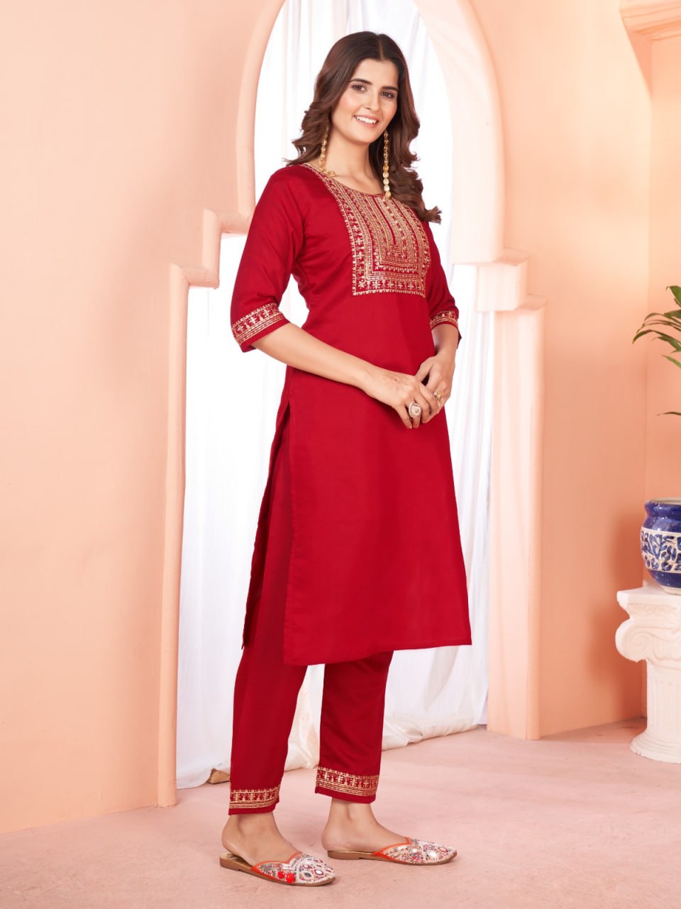 Red Color Our Exquisite  Kurti Set Complete With Dupatta and Pants