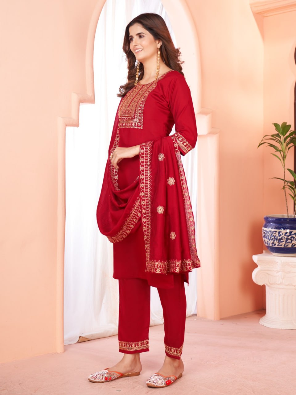 Red Color Our Exquisite  Kurti Set Complete With Dupatta and Pants