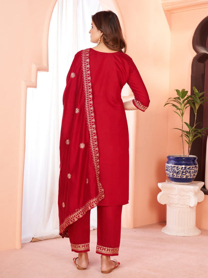 Red Color Our Exquisite  Kurti Set Complete With Dupatta and Pants