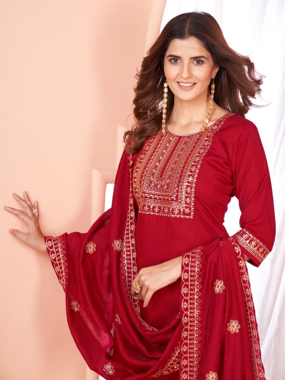 Red Color Our Exquisite  Kurti Set Complete With Dupatta and Pants