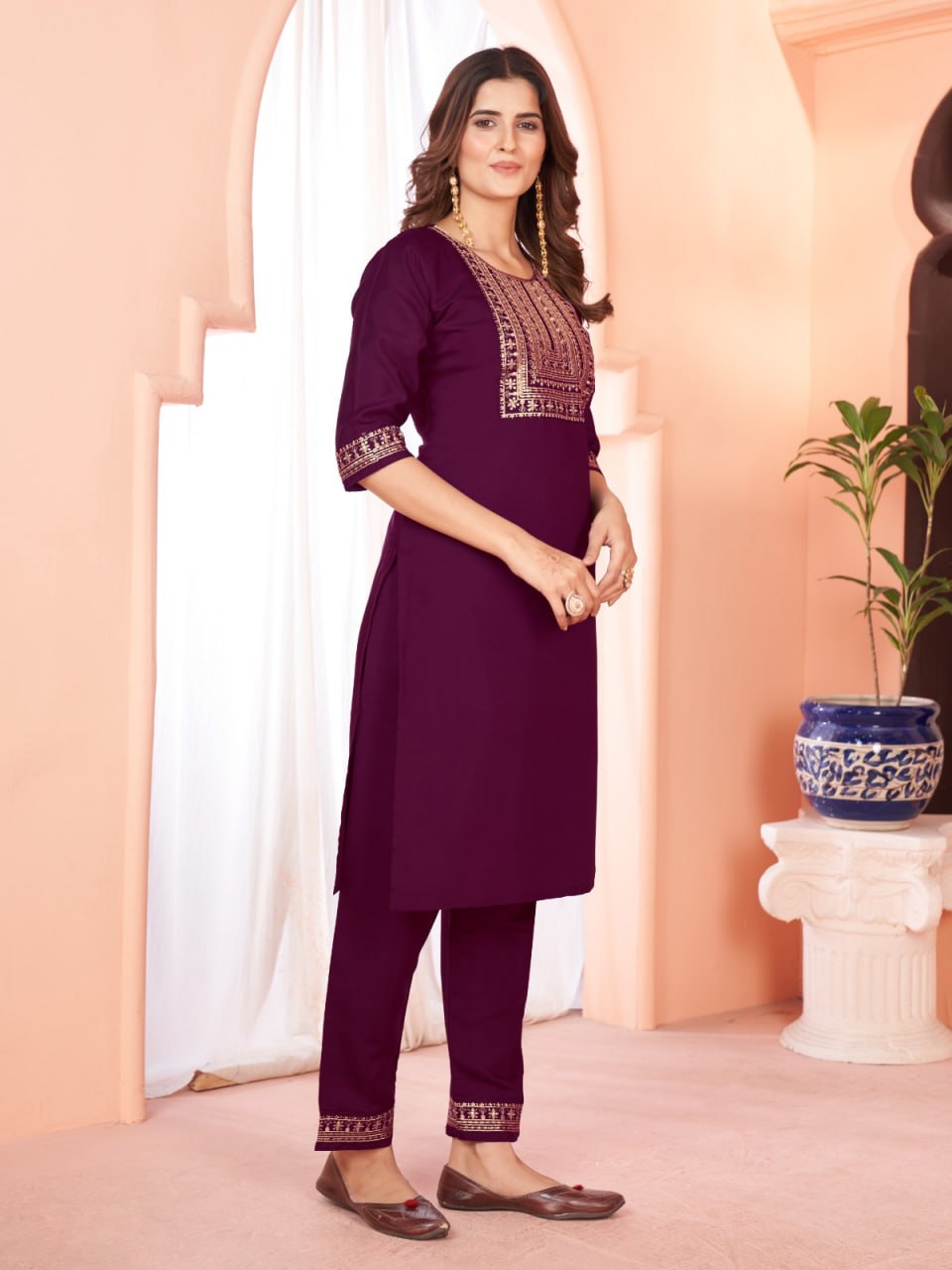 Wine Color Our Exquisite  Kurti Set Complete With Dupatta and Pants