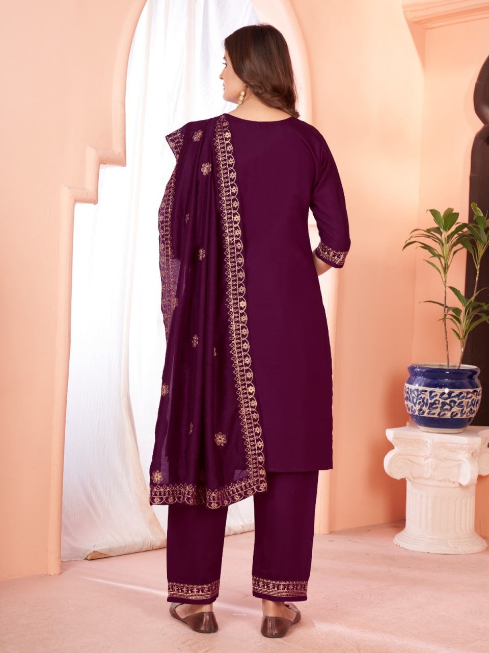 Wine Color Our Exquisite  Kurti Set Complete With Dupatta and Pants