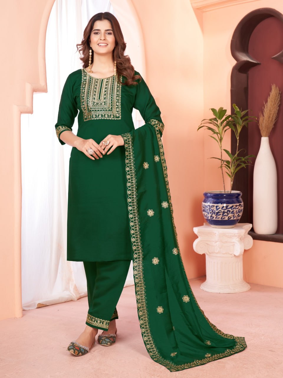 Green Color Our Exquisite  Kurti Set Complete With Dupatta and Pants