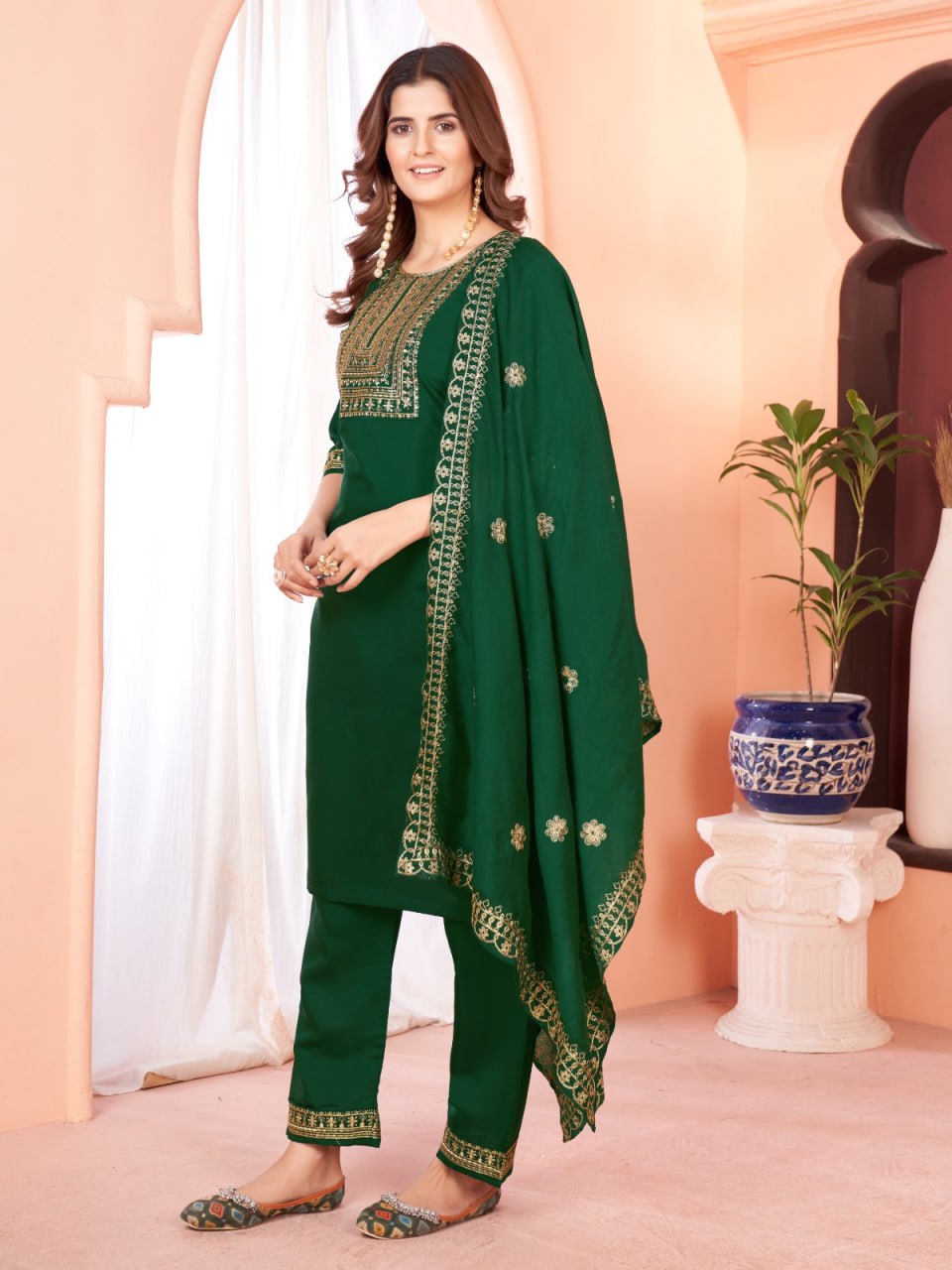 Green Color Our Exquisite  Kurti Set Complete With Dupatta and Pants