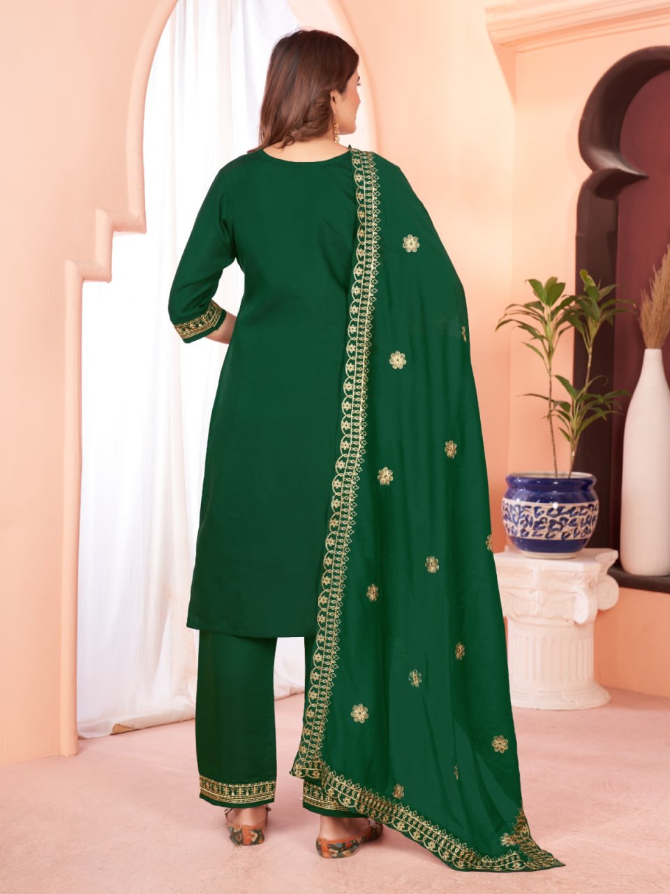 Green Color Our Exquisite  Kurti Set Complete With Dupatta and Pants