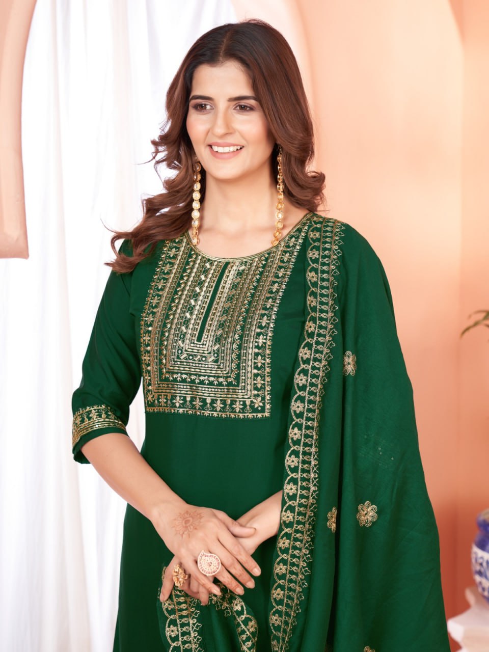 Green Color Our Exquisite  Kurti Set Complete With Dupatta and Pants