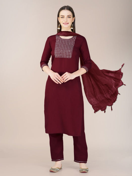 Maroon Color Cotton Blend With Embroidery Sequence Work Kurti Pant Dupatta