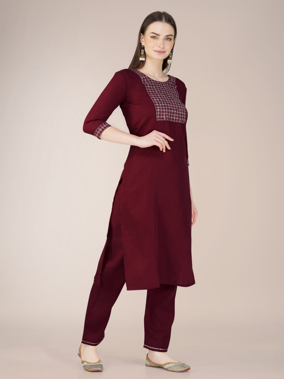 Maroon Color Cotton Blend With Embroidery Sequence Work Kurti Pant Dupatta