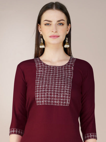 Maroon Color Cotton Blend With Embroidery Sequence Work Kurti Pant Dupatta