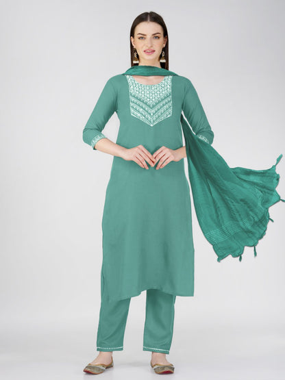 Teal Color Cotton Blend With Embroidery Sequence Work Kurti Pant Dupatta