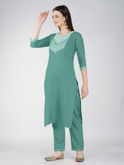 Teal Color Cotton Blend With Embroidery Sequence Work Kurti Pant Dupatta